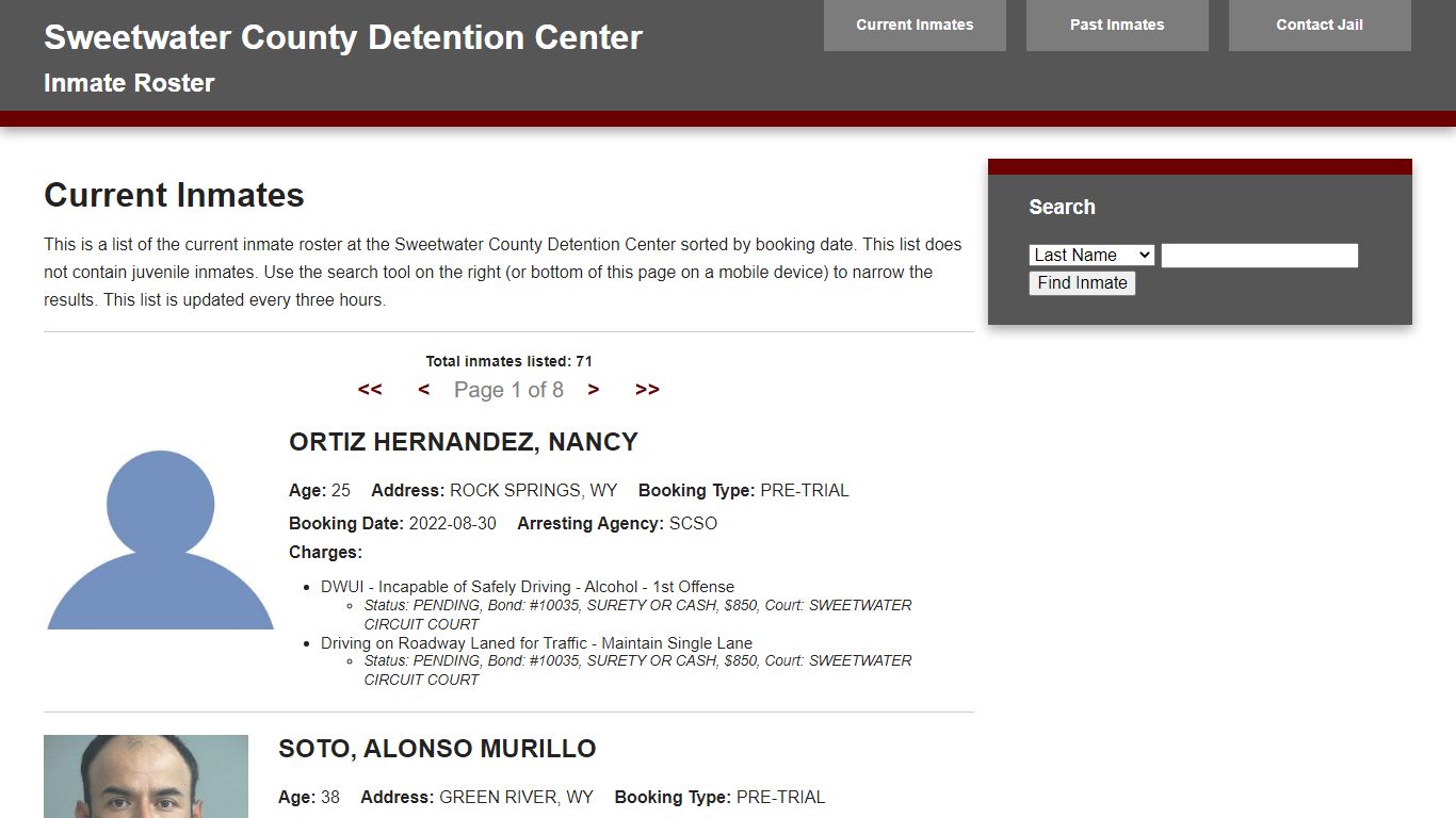 Jail Roster - Sweetwater Combined Communications Joint Powers Board
